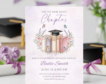 Graduation Invitation Template, Pastel Floral Books, Editable Grad Party Invite (5x7 Digital Download)