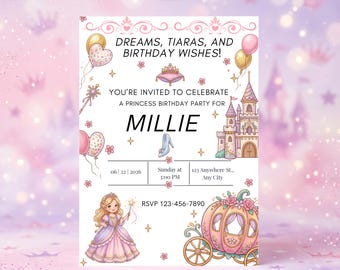 Pink Princess Party Invitation - Customizable Fairy Tale Invite