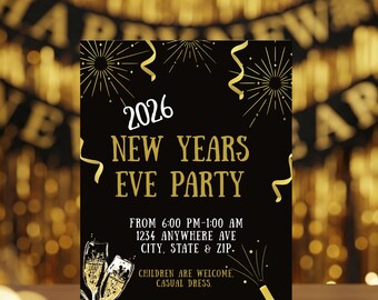2026 New Years Eve Party Invitation Template | Gold Black Editable NYE Invite