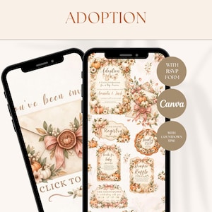 Peut inclure: Deux smartphones affichant des modèles d'invitation à une adoption avec des illustrations aquarelles de citrouilles, de fleurs et d'ours en peluche. Les écrans présentent du texte incluant Adoption, Registry, RSVP, Diaper Raffle et un compte à rebours.