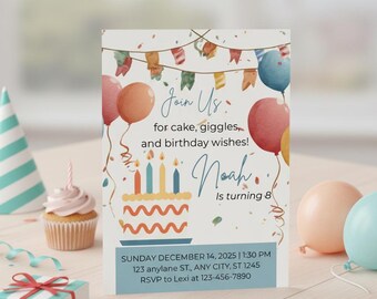 Watercolor Birthday Invitation Boy or Girl, Balloons & Cake (Digital Download)