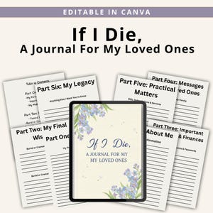 Puede incluir: Un diario titulado "If I Die, A Journal For My Loved Ones" con un diseño floral. El diario está rodeado de varias páginas con títulos como "My Legacy" y "Important About Me & Finances". El texto "Editable in Canva" está en la parte superior.