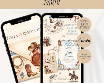 Editable Cowboy Birthday Invitation Template, Watercolor Western Boys Birthday Invite with RSVP and Menu, Little Cowboy Party Bundle