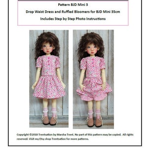 May include: A pattern for a drop waist dress and ruffled bloomers for a 35cm BJD doll. The pattern includes step-by-step photo instructions. The doll is wearing the finished dress and bloomers in the image.