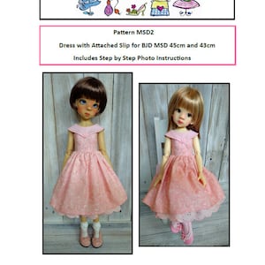 May include: A pink dress with a lace trim for a 45cm or 43cm doll. The dress has a matching slip and comes with step-by-step photo instructions. The pattern is called MSD2.