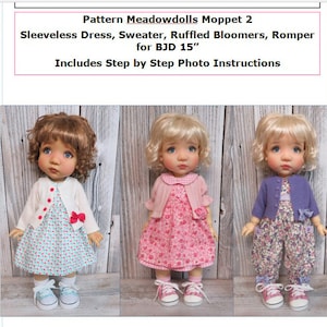 Pattern Meadowdolls Moppet 2 Sleeveless Dress, Sweater with Sleeve Options, Ruffled Bloomers, Romper for BJD 15 imagem 1