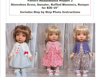 Schnittmuster Meadowdolls Moppet 2 - Ärmelloses Kleid, Pullover mit Ärmeloptionen, Rüschenpumphose, Strampler für BJD 15"