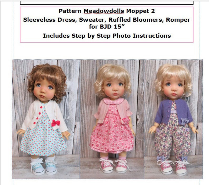 Pattern Meadowdolls Moppet 2 Sleeveless Dress, Sweater with Sleeve Options, Ruffled Bloomers, Romper for BJD 15 image 1