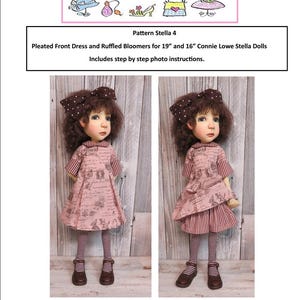 May include: Two dolls wearing pink dresses with a vintage print, brown bows, and striped leggings. The dresses have a pleated front and ruffled bloomers. The text reads "Trentsation by Marsha Trent" and "Pattern Stella 4".