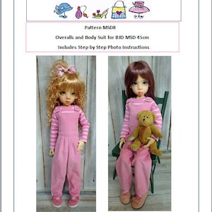 May include: A sewing pattern for a pink overall and body suit for a 45 cm doll. The pattern is called "MSD8" and is by Trentsation by Marsha Trent. The pattern includes step-by-step photo instructions.