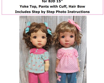 Pattern Meadowdolls Moppet 3 - Yoke Top, Pants with Cuff, Hair Bow for BJD 15&quot;