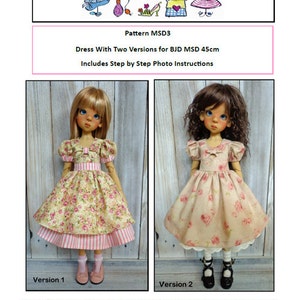 May include: Two doll dresses, Version 1 and Version 2, are shown. Version 1 is a floral dress with a pink and white striped hem. Version 2 is a floral dress with a white lace hem. The text reads "Dress With Two Versions for BJD MSD 45cm".
