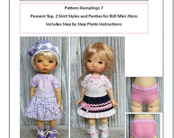 Patron Dumplings 7 - Haut paysan, 2 styles de jupe et culotte pour BJD Mini 28cm