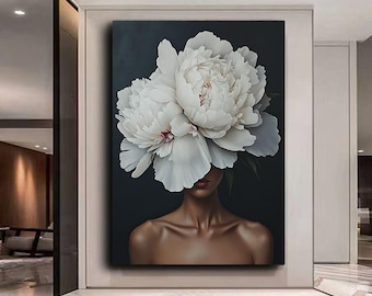 Elegante Frau mit Pfingstrose: Luxus Blumenportrait Kunstdruck