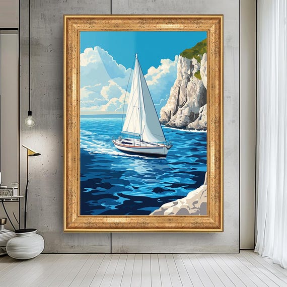 Sailboat Wall Art – Nautical Ocean Canvas Print, Coastal Seascape Painting, Mediterranean Yacht Decor, Summer Beach House Artwork
