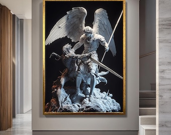 Archangel Michael Defeating Demon Canvas Wall Art – Angel and Devil Spiritual Battle Artwork – Gothic Religious Home Decor Gift Idea