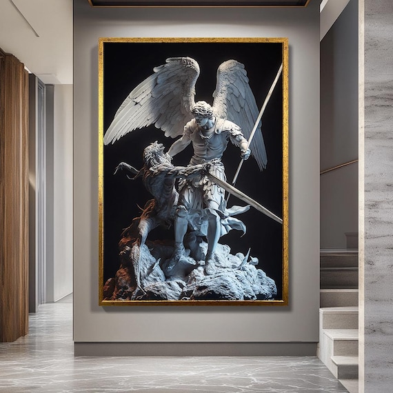 Archangel Michael Defeating Demon Canvas Wall Art – Angel and Devil Spiritual Battle Artwork – Gothic Religious Home Decor Gift Idea