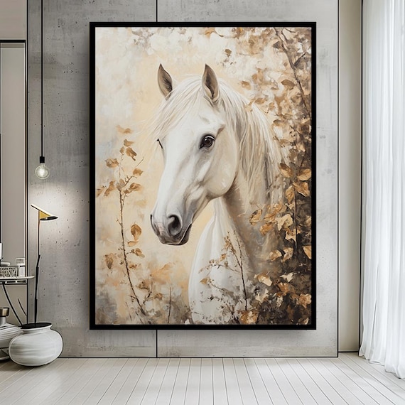 White Horse Canvas Wall Art – Autumn Leaves Horse Portrait Painting Print – Rustic Animal Artwork for Country or Nature-Inspired Decor