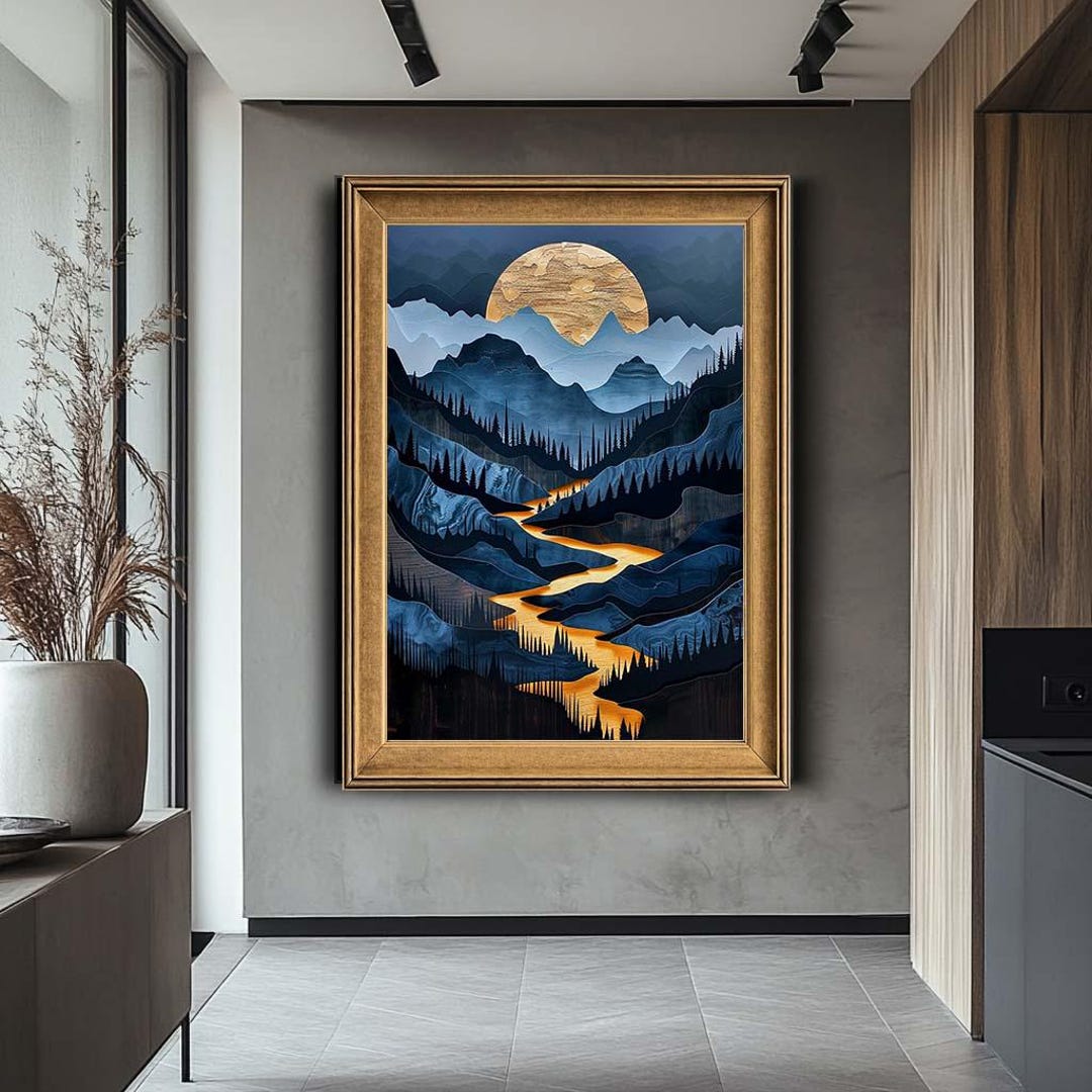 Golden River and Moonlight Mountains Canvas Wall Art – Mystical Night ...