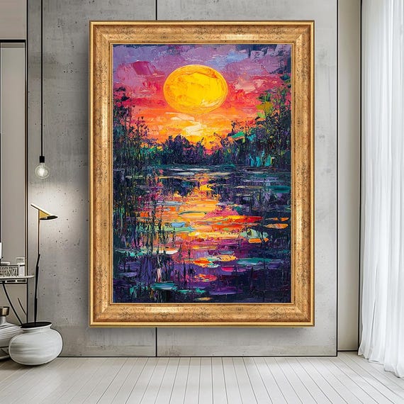 Sunset Landscape Canvas Wall Art - Colorful Impressionist Lake Canvas Print - Bold Brush Stroke Abstract Nature Print - Vibrant Home Decor