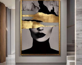 Abstract Gold Woman Canvas Wall Art, Modern Luxury Female Portrait Print, Black and Gold Contemporary Artwork for Living Room