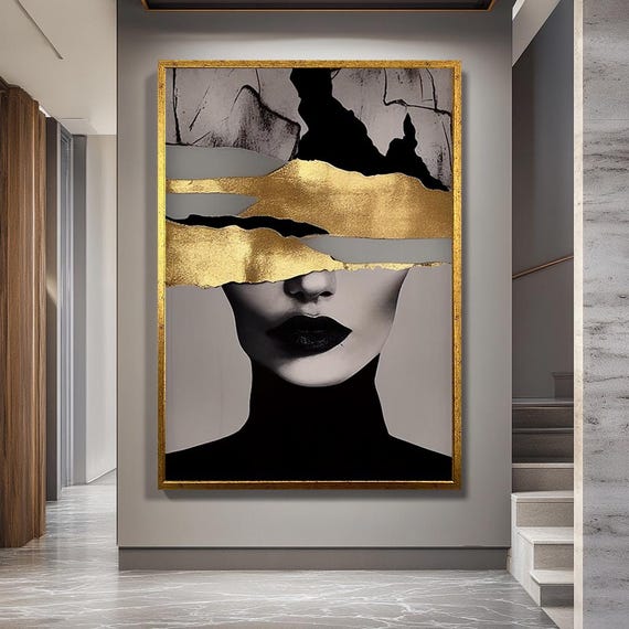 Abstract Gold Woman Canvas Wall Art, Modern Luxury Female Portrait Print, Black and Gold Contemporary Artwork for Living Room