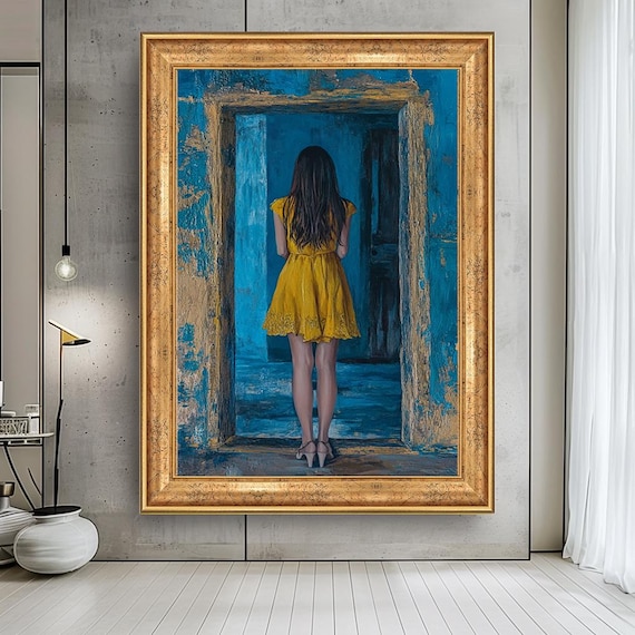 Girl in Yellow Dress Standing in Blue Doorway – Emotional Modern Wall Art, Mysterious Feminine Canvas Print, Surreal Home Decor