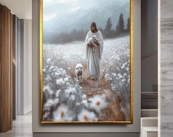 Jesus with Lamb Canvas Print, The Good Shepherd Wall Art, Peaceful Christian Home Decor, Religious Faith Painting
