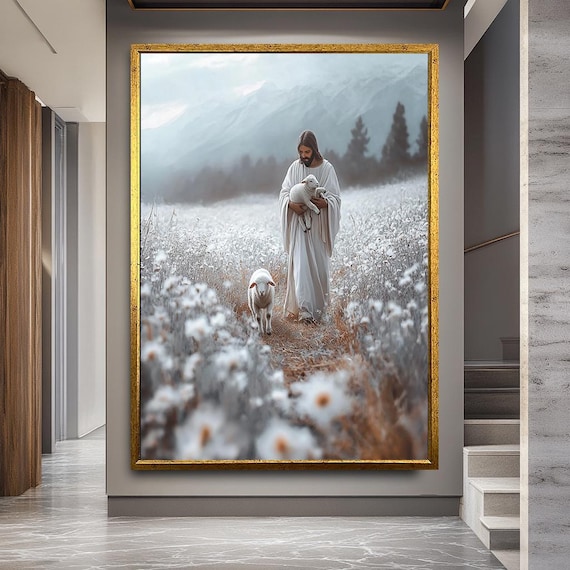 Jesus with Lamb Canvas Print, The Good Shepherd Wall Art, Peaceful Christian Home Decor, Religious Faith Painting