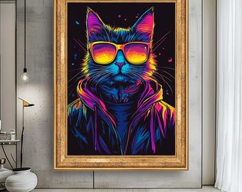 Neon Cool Canvas Väggkonst Katt - Färgglad Hipsterkatt med Solglasögon - Livfull Pop Art-Tavla för Modern Heminredning eller Tonårsrum