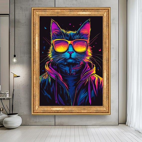 Neon Cool Cat Canvas Wall Art - Colorful Hipster Cat with Sunglasses - Vibrant Pop Art Print for Modern Home or Teen Room Decor