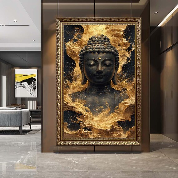 Golden Buddha Canvas Wall Art – Black and Gold Zen Meditation Print – Luxury Spiritual Artwork for Yoga or Meditation Room Decor