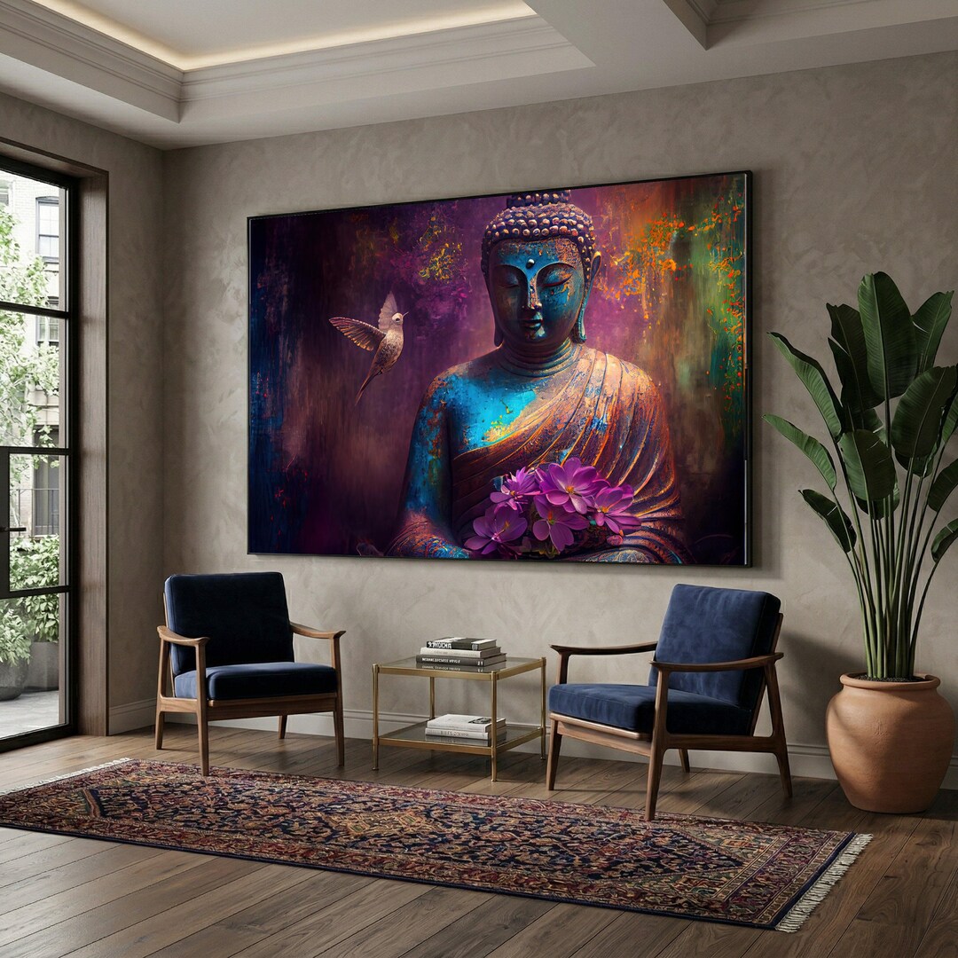 Serenity Buddha Canvas Wall Art, Meditation Statue With Purple Flowers ...