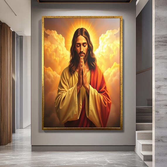 Praying Jesus Canvas Wall Art – Glorious Christian Portrait with Halo and Golden Clouds Spiritual Faith Decor for Sacred and Prayer Spaces