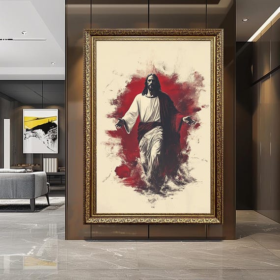 Modern Jesus Christ Wall Art | Contemporary Christian Canvas Print with Red Brush Effect | Religious Home Decor for Faith-Based Interiors