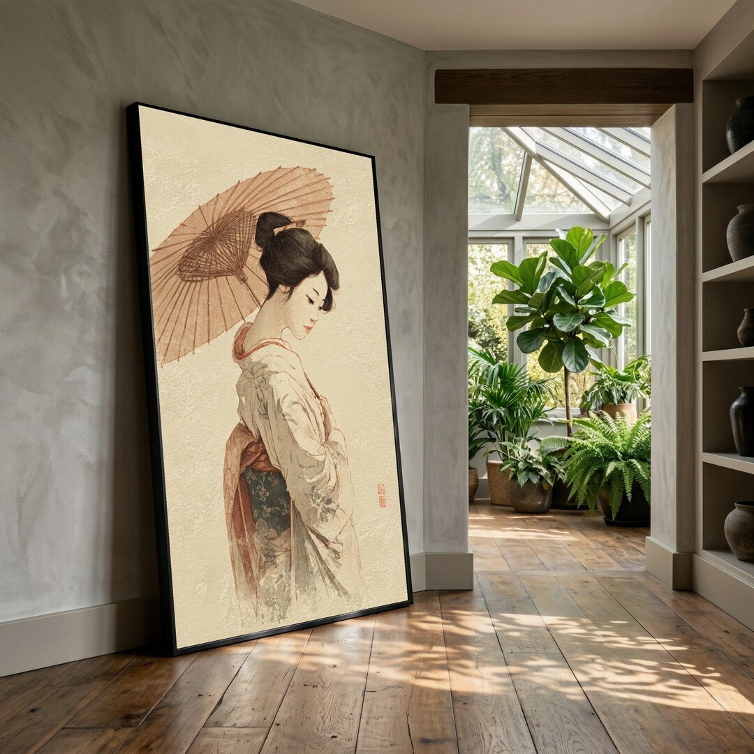 Elegant Geisha With Umbrella Canvas Wall Art, Traditional Japanese ...