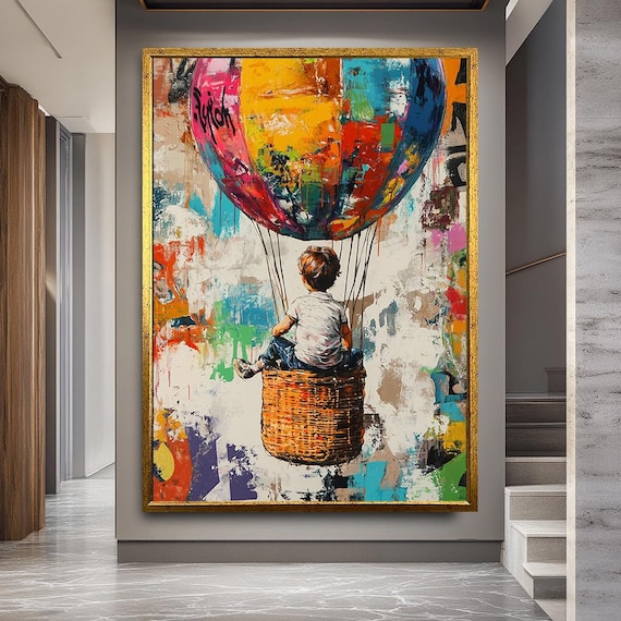 Colorful Hot Air Balloon Wall Art with Child | Banksy Canvas - Whimsical Graffiti-Inspired Canvas Print | Dreamy Kids Room or Playroom Decor