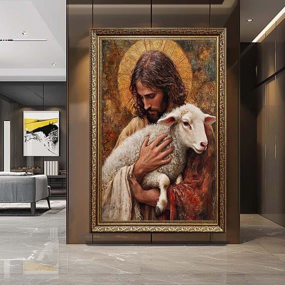 Jesus with Lamb Canvas Wall Art – Good Shepherd Christian Print – Inspirational Religious Artwork for Faith Home Decor