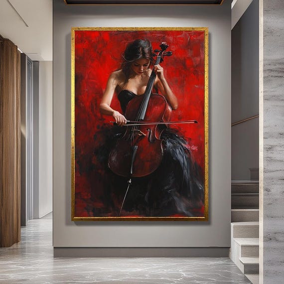 Cello Woman Canvas Wall Art, Elegant Musician Painting Print, Red and Black Classical Instrument Artwork for Studio or Living Room Decor
