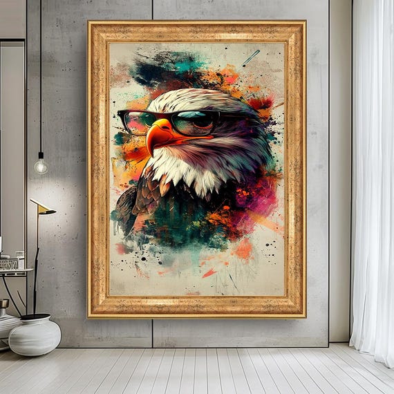 Cool Eagle with Glasses Canvas Print – Colorful Animal Wall Art – Funny Pop Art Bird Painting – Bold Modern Decor for Office or Home