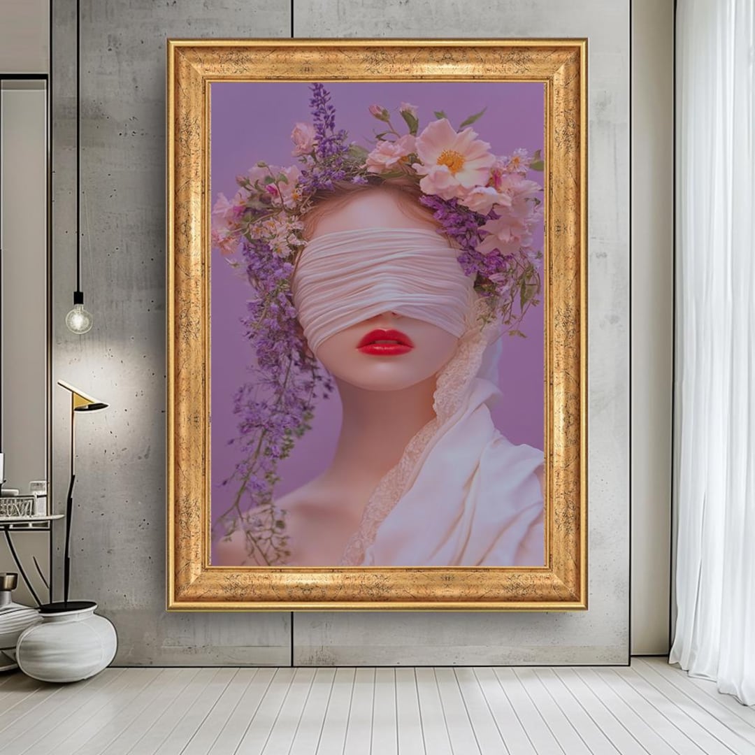 Blindfolded Woman Floral Canvas Art: Modern Surreal Portrait Print