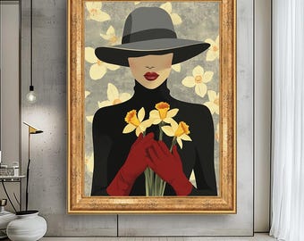 Op de afbeelding: Een kunstafdruk met een vrouw in een zwarte coltrui en hoed, die gele narcissen vasthoudt. De vrouw draagt rode handschoenen en lippenstift. De achtergrond heeft een bloemenpatroon en is goudkleurig omlijst.
