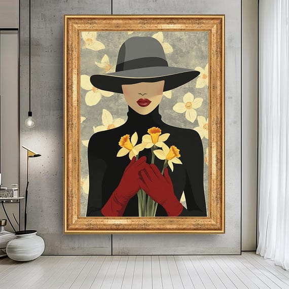 Elegant Woman with Daffodils Wall Art – Modern Minimalist Canvas Print, Fashion Illustration Artwork, Chic Retro Style Decor for Home
