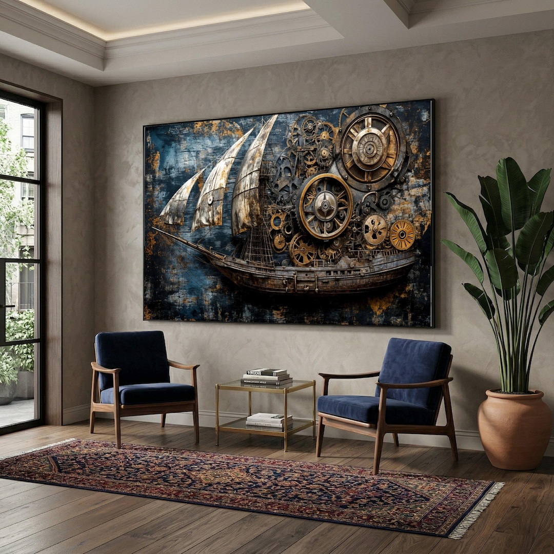 Vintage Steampunk Sailboat Canvas Wall Art, Mechanical Gears Design ...