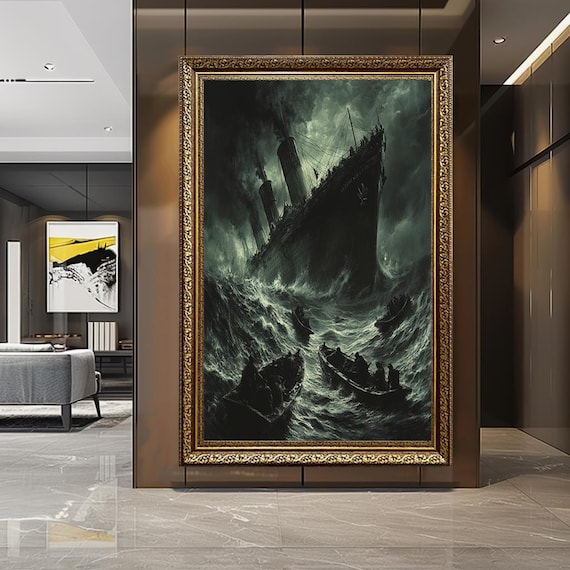 Dramatic Titanic Disaster Canvas Wall Art – Dark Ocean Storm Scene with Lifeboats – Gothic Maritime Tragedy Home Decor Print