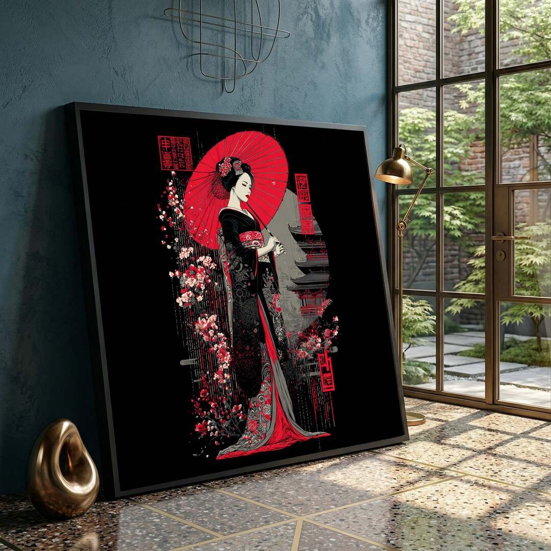 Elegant Geisha With Red Umbrella, Japanese Kimono Canvas, Asian Wall ...