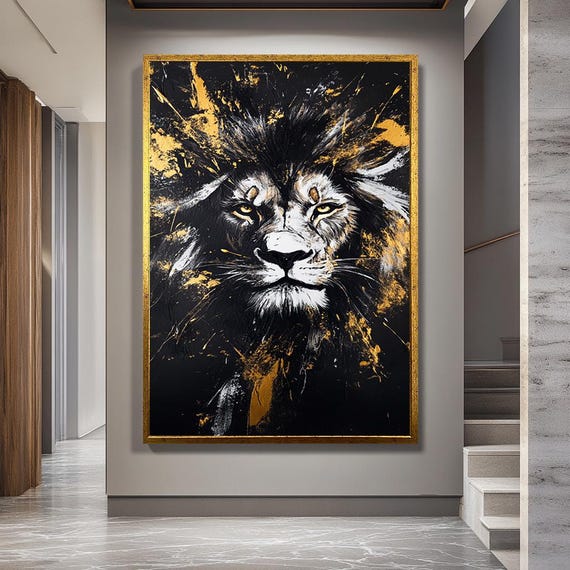 Black and Gold Lion Canvas Wall Art – Abstract Jungle King Portrait – Bold Animal Expressionism for Luxury Modern Decor