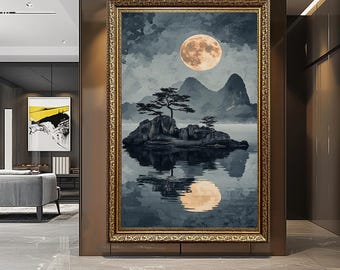 Full Moon Over Zen Island Canvas Wall Art – Tranquil Japanese