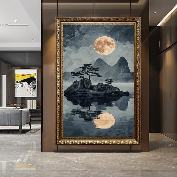 Full Moon Over Zen Island Canvas Wall Art – Tranquil Japanese Landscape Print – Minimalist Night Nature Scene for Calm Home Decor