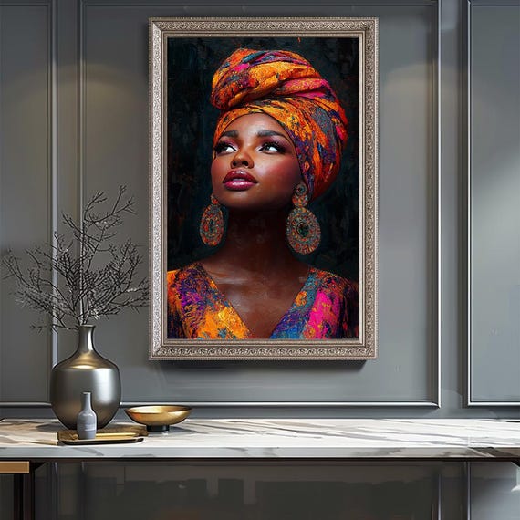 Bold African Woman Portrait Canvas Wall Art, Vibrant Headwrap and Earrings Print, Colorful Cultural Beauty Artwork for Modern Home Decor